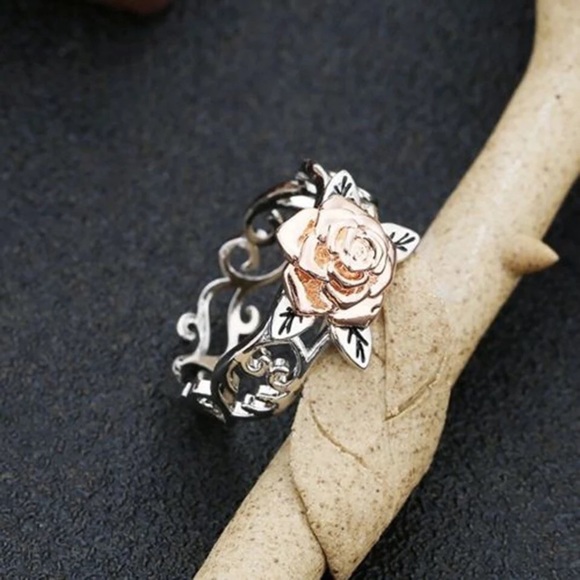 Sterling Silver Rose Gold Flower Scroll Ring - Picture 1 of 8